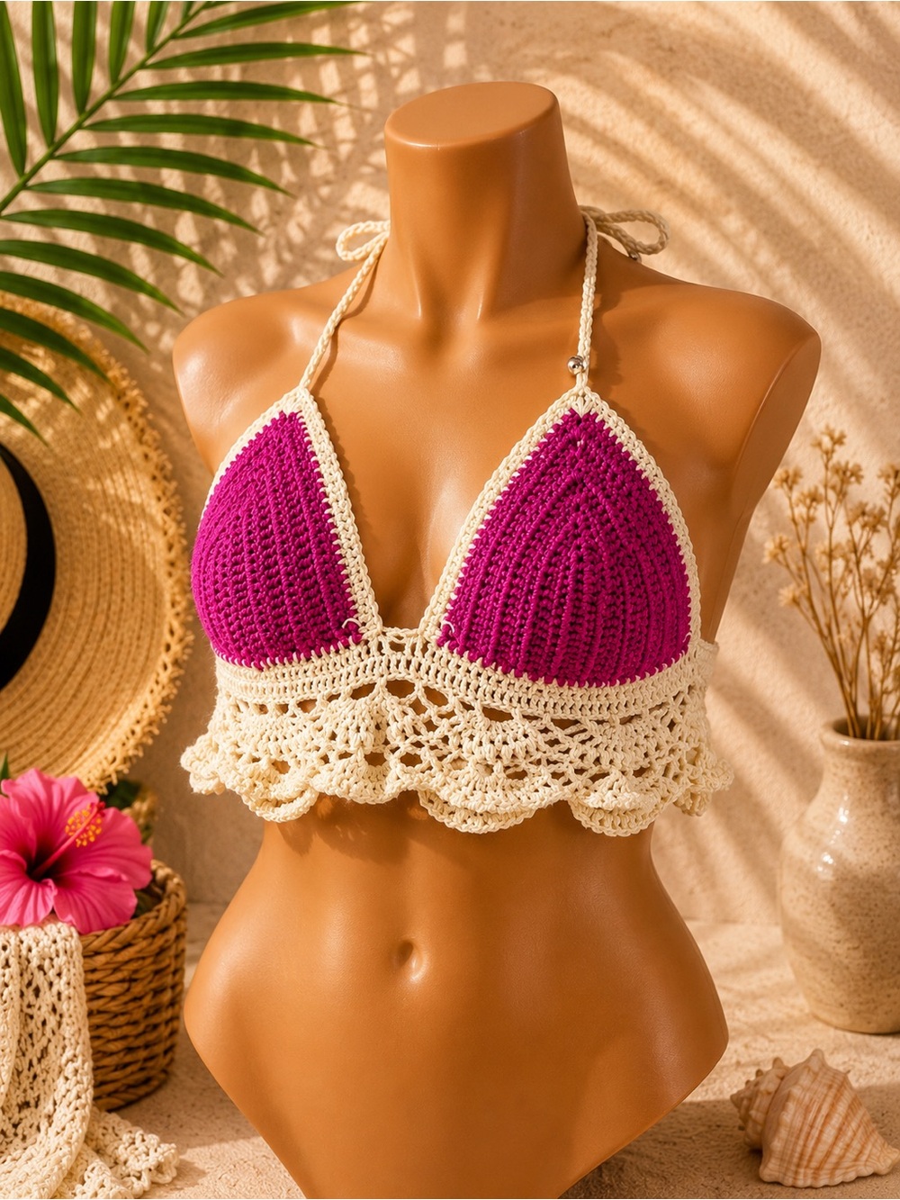Crochet Bralette Top - Magenta & Cream Halter